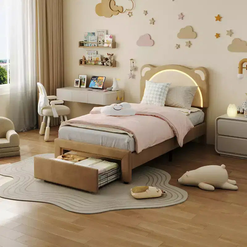 Struttura Letto a Piattaforma Matrimoniale per Bambini in Metallo e Pelle Scamosciata con Cassetti Contenitore