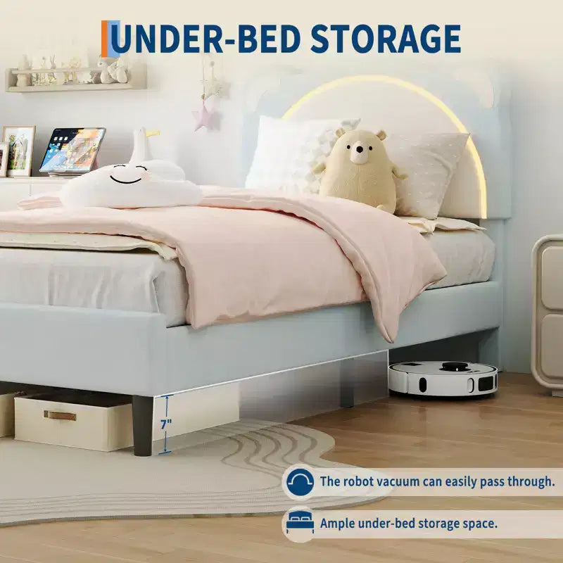 Struttura Letto a Piattaforma Matrimoniale per Bambini in Metallo e Pelle Scamosciata con Cassetti Contenitore