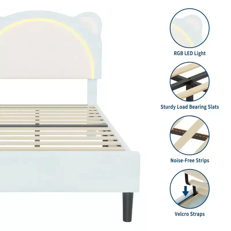 Struttura Letto a Piattaforma Matrimoniale per Bambini in Metallo e Pelle Scamosciata con Cassetti Contenitore