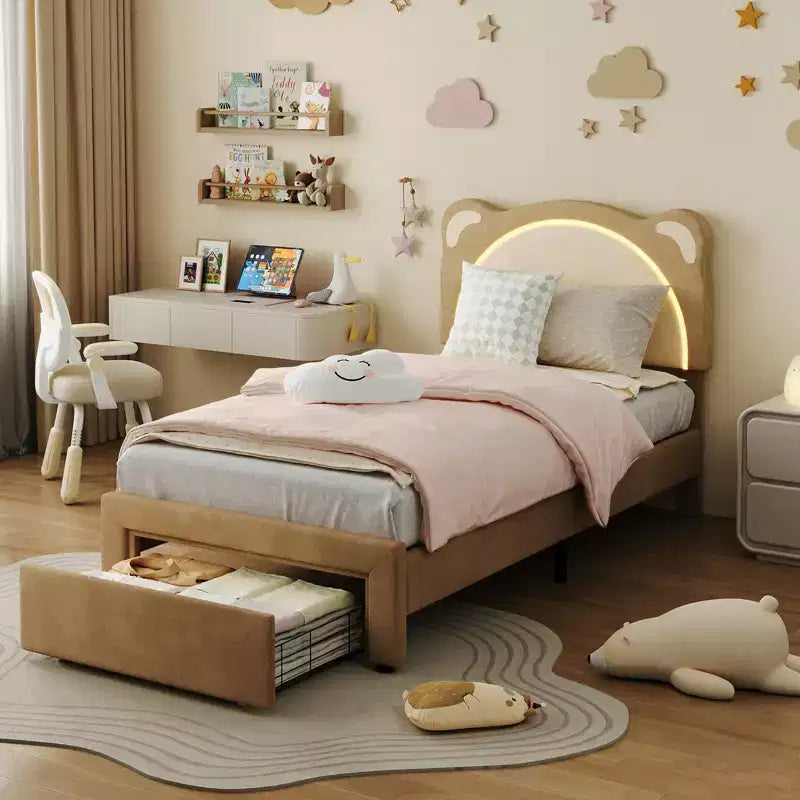 Struttura Letto a Piattaforma Matrimoniale per Bambini in Metallo e Pelle Scamosciata con Cassetti Contenitore