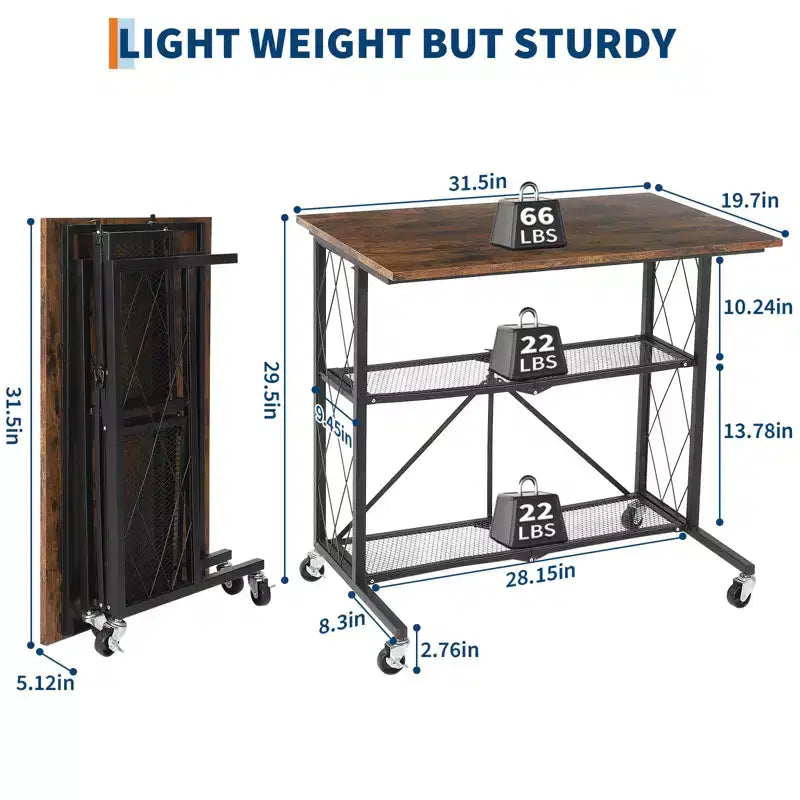 Scaffale pieghevole a 3 ripiani in metallo con ruote 75,8 cm A x 80 cm L x 56 cm P