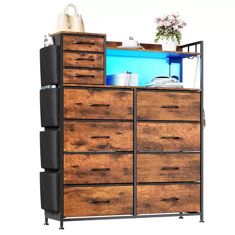 Dresser for Bedroom, 11-Drawer Fabric Storage Dresser with Charging Station & Lights