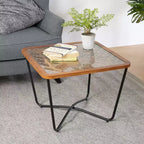 JVNOXK 23-inch Modern Square Coffee Table Tempered glass tabletop with geometric cutout pattern Suitable for living rooms Black-brown