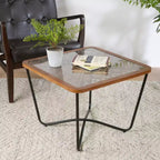 Tavolino da Caffè Quadrato in Vetro Temperato 58,4 cm L x 58,4 cm P con Base Geometrica