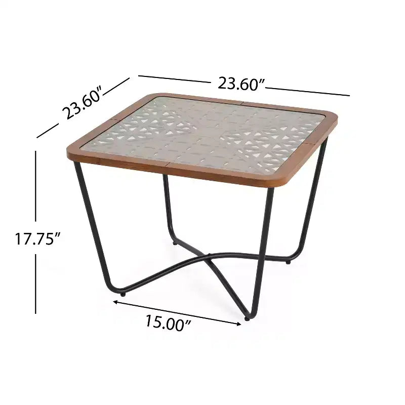 Tavolino da Caffè Quadrato in Vetro Temperato 58,4 cm L x 58,4 cm P con Base Geometrica