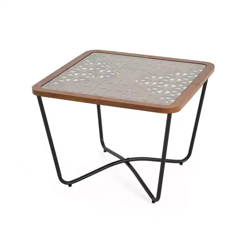 Tavolino da Caffè Quadrato in Vetro Temperato 58,4 cm L x 58,4 cm P con Base Geometrica