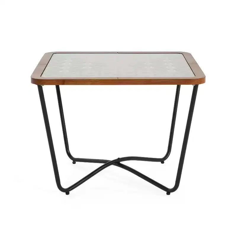 Tavolino da Caffè Quadrato in Vetro Temperato 58,4 cm L x 58,4 cm P con Base Geometrica