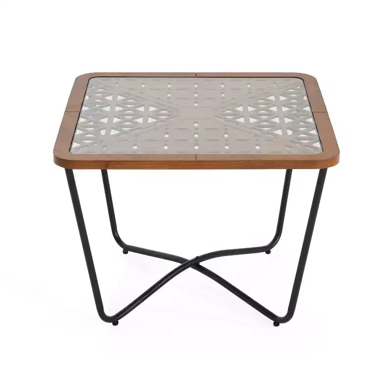 Tavolino da Caffè Quadrato in Vetro Temperato 58,4 cm L x 58,4 cm P con Base Geometrica