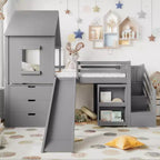 Bellemave Twin Size Loft Bed with 3 Drawers & Storage Stair, Wooden House-style Bed Frame with Slide and Remevoable Desk