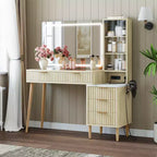 COZONY 36 Vanity Desk with Lighted Mirror, Wooden Makeup Table with Drawers, White & Oak Finish, LED Mirror for Bedroom