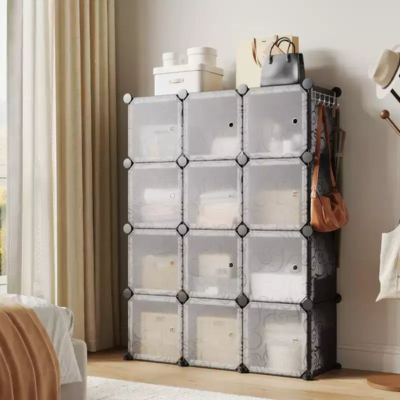 Scarpiera modulare salvaspazio 12 cubi impilabile con ante, organizer portatile a 4 livelli impilabile per scarpe, per camera da letto, soggiorno