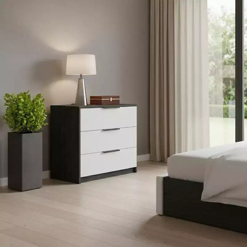 Cassettiera con tre cassetti in legno multistrato bianco e rovere fumé da 28 pollici