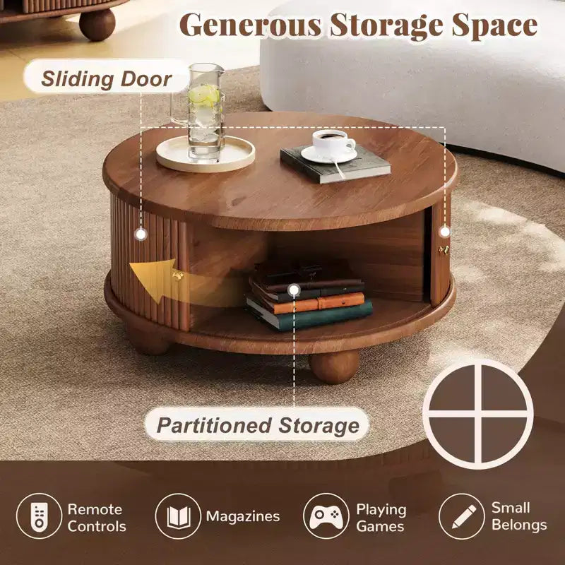 Tavolino moderno da caffè da 31,8 pollici, tavolino rotondo scanalato con contenitore, tavolino da cocktail in legno per soggiorno, camera da letto, ufficio