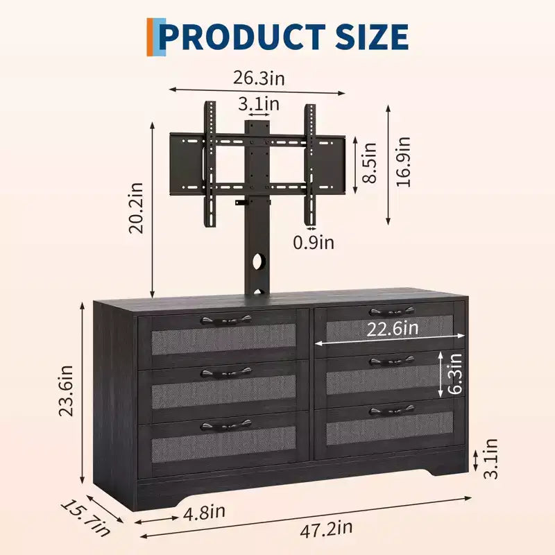 Mobile TV con Supporto, Mobile Porta TV Moderno da 120 cm con Cassettiera a 6 Cassetti in Rattan per TV da 32-85 Pollici, Consolle Multimediale con Contenitore per Soggiorno