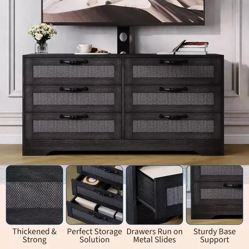 Mobile TV con Supporto, Mobile Porta TV Moderno da 120 cm con Cassettiera a 6 Cassetti in Rattan per TV da 32-85 Pollici, Consolle Multimediale con Contenitore per Soggiorno