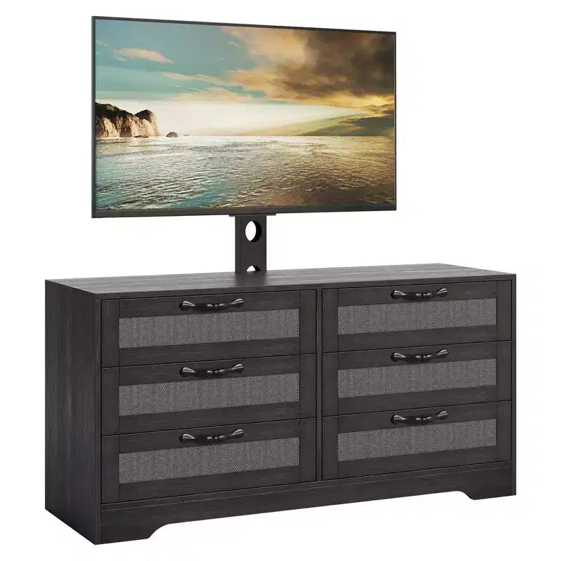 Mobile TV con Supporto, Mobile Porta TV Moderno da 120 cm con Cassettiera a 6 Cassetti in Rattan per TV da 32-85 Pollici, Consolle Multimediale con Contenitore per Soggiorno