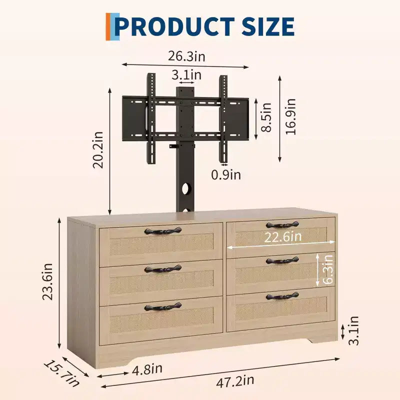 Mobile TV con Supporto, Mobile Porta TV Moderno da 120 cm con Cassettiera a 6 Cassetti in Rattan per TV da 32-85 Pollici, Consolle Multimediale con Contenitore per Soggiorno