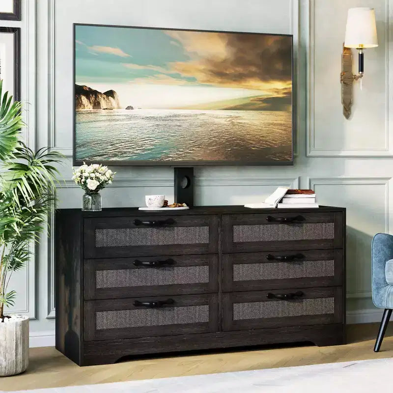 Mobile TV con Supporto, Mobile Porta TV Moderno da 120 cm con Cassettiera a 6 Cassetti in Rattan per TV da 32-85 Pollici, Consolle Multimediale con Contenitore per Soggiorno