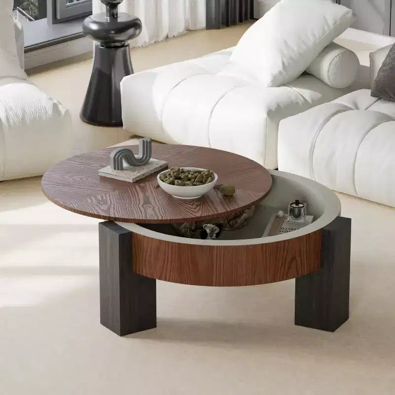 33 Tavolino moderno rotondo con piano ribaltabile e vano portaoggetti nascosto, Tavolino da salotto o per piccoli spazi con finitura effetto legno-