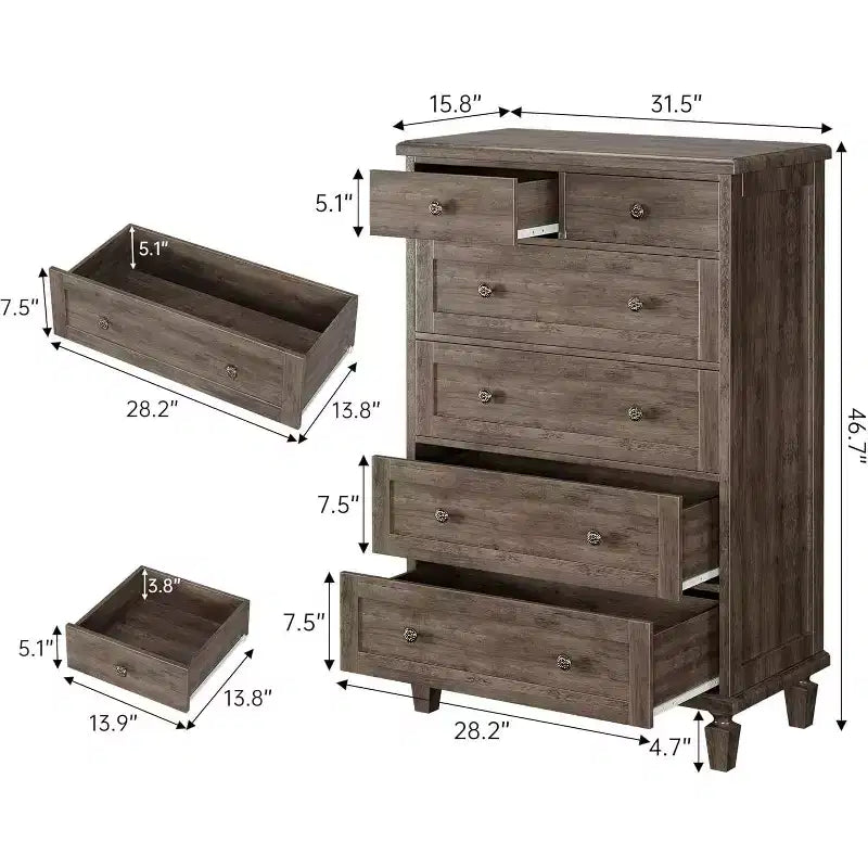 Cassettiera Vintage a 6 Cassetti con Gambe Affusolate, Comò Alto in Legno - Ideale per Camera da Letto Soggiorno Ingresso Ufficio