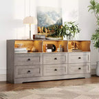 63 6-Drawer Wooden Dresser TV Stand with Power Outlet & Open Shelves, Modern Entertainment Center for Living Room & Bedroom, Chest of Drawers