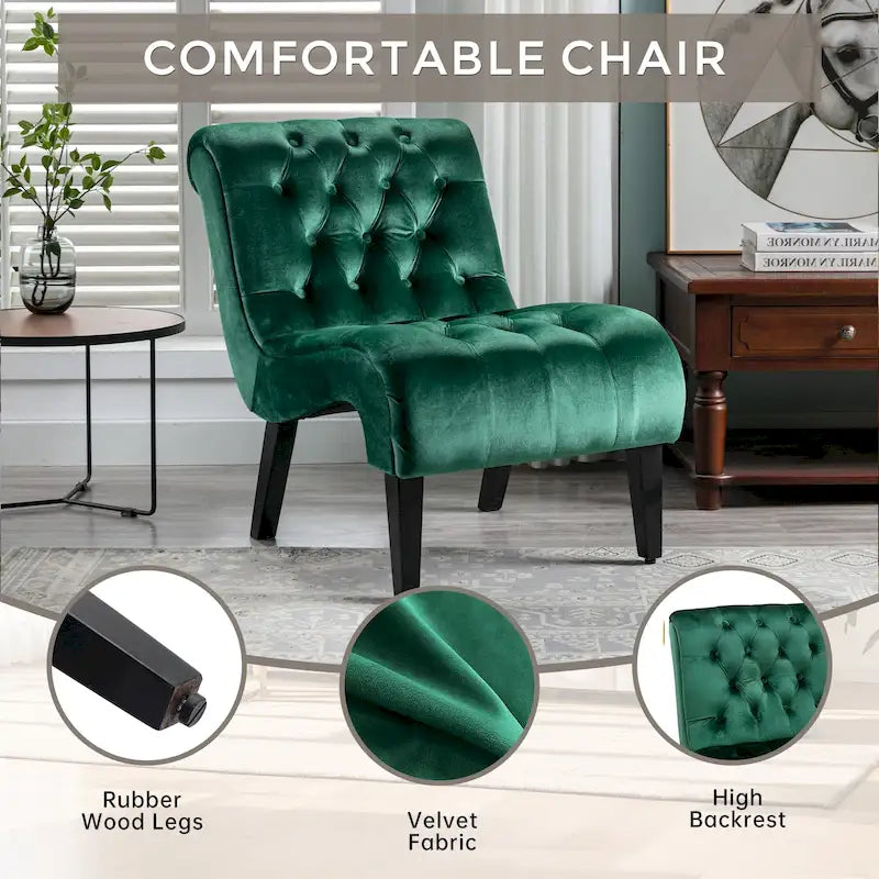 Fauteuil d'appoint sans accoudoirs en velours avec pieds en bois et assise rembourrée épaisse