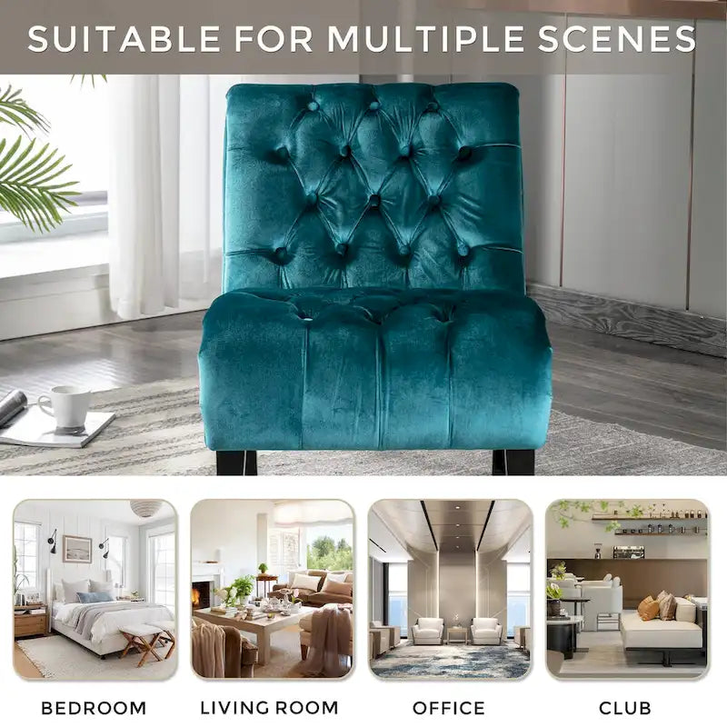Velvet Armless Accent Chair with Wooden Legs and Thick Cushioned Seat