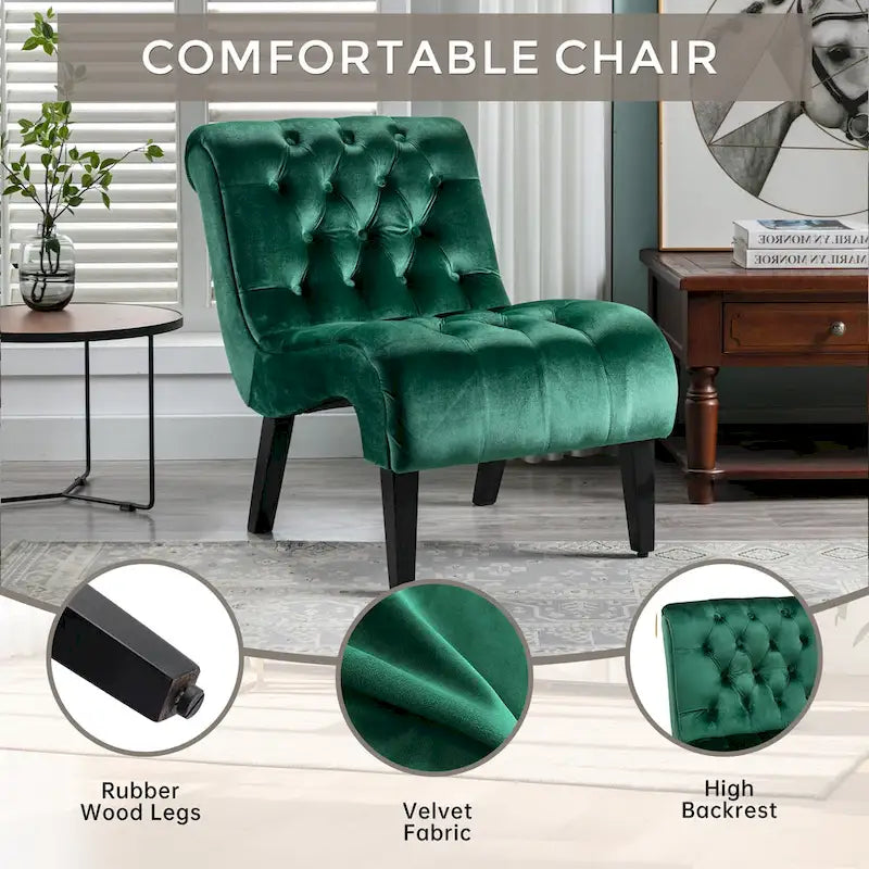 Fauteuil d'appoint sans accoudoirs en velours avec pieds en bois et assise rembourrée épaisse