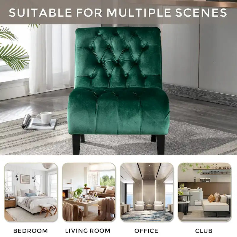 Fauteuil d'appoint sans accoudoirs en velours avec pieds en bois et assise rembourrée épaisse