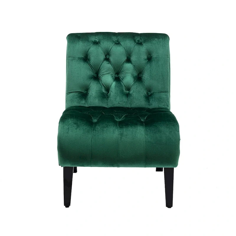 Fauteuil d'appoint sans accoudoirs en velours avec pieds en bois et assise rembourrée épaisse