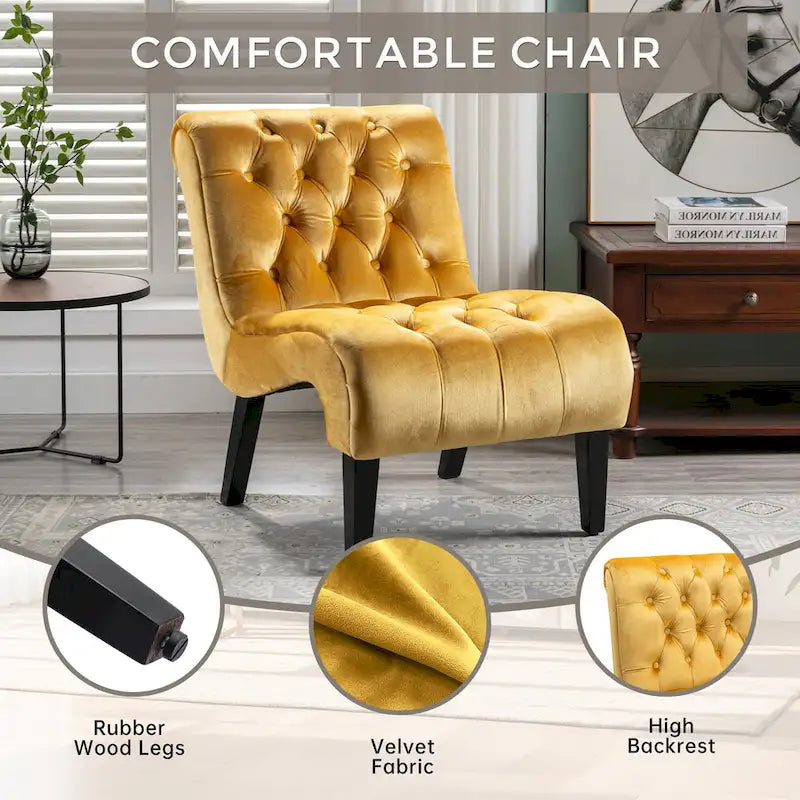 Fauteuil d'appoint sans accoudoirs en velours avec pieds en bois et assise rembourrée épaisse