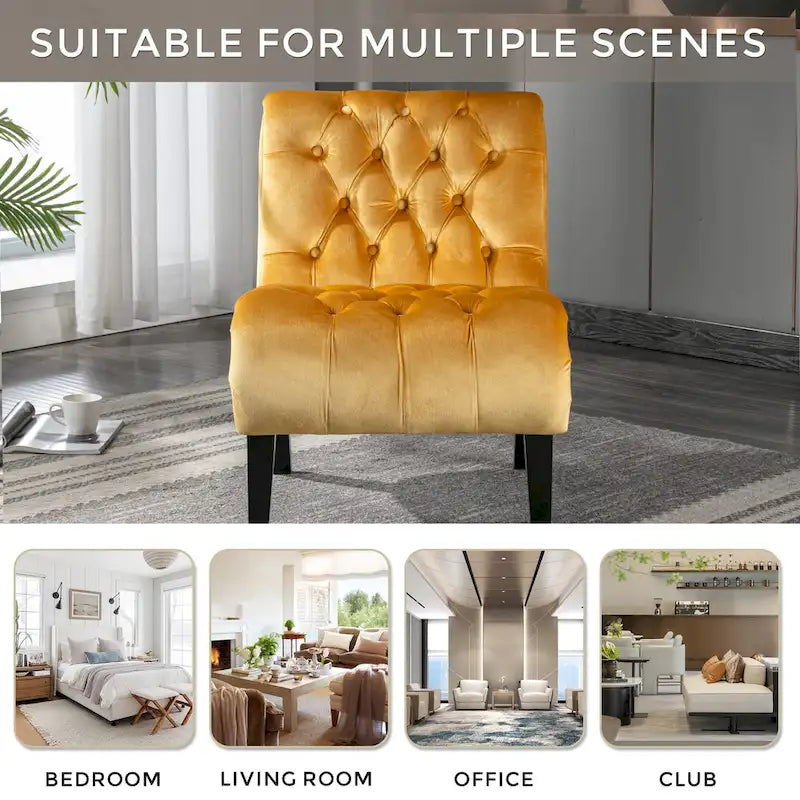 Fauteuil d'appoint sans accoudoirs en velours avec pieds en bois et assise rembourrée épaisse