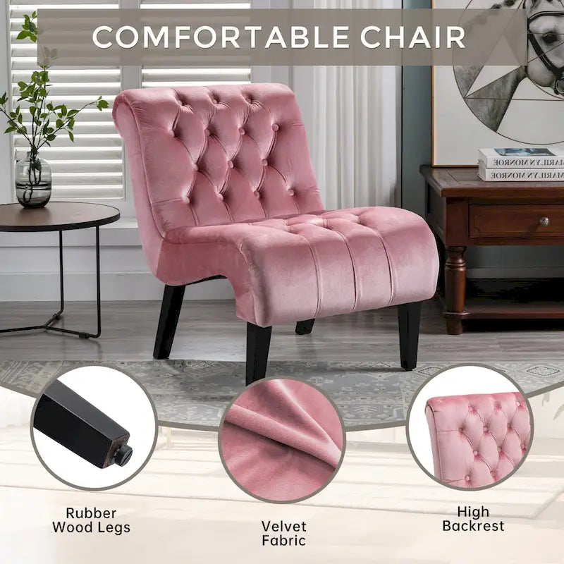 Fauteuil d'appoint sans accoudoirs en velours avec pieds en bois et assise rembourrée épaisse