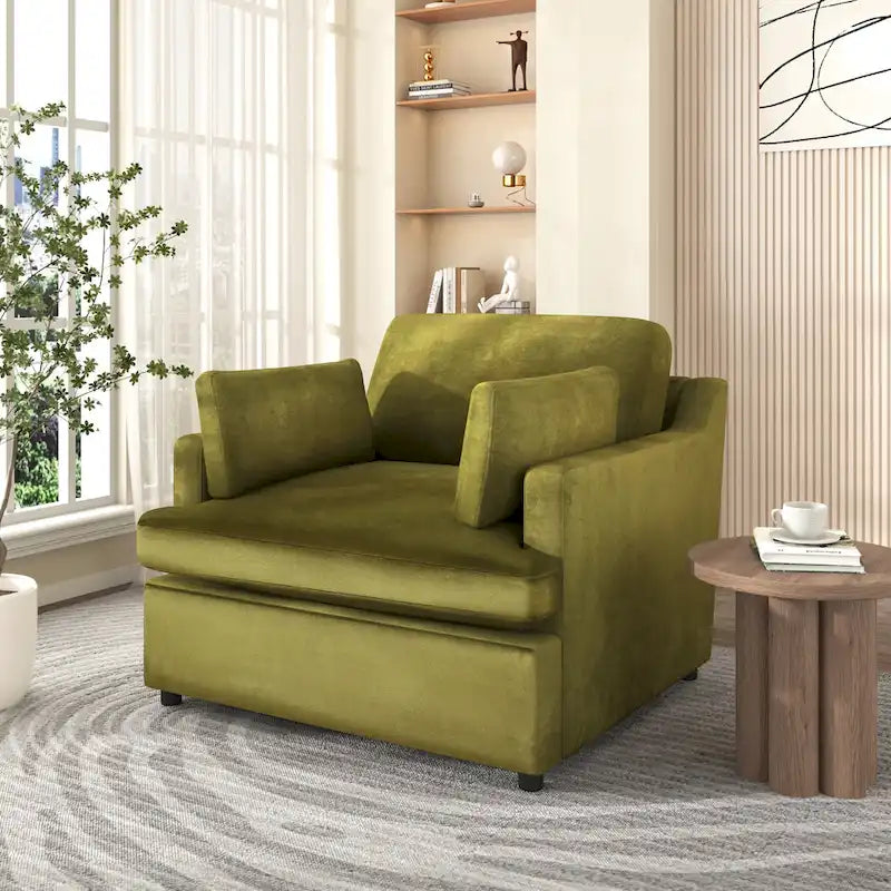Green 37 Accent Chair with Plastic Legs and Decorative Pillows