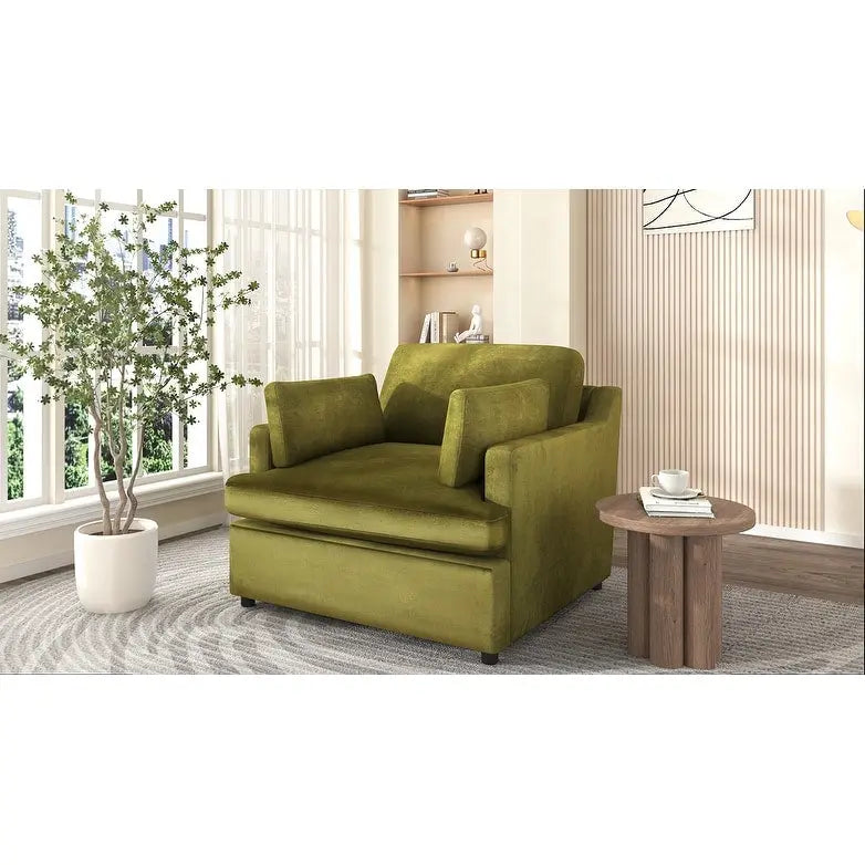 Green 37 Accent Chair with Plastic Legs and Decorative Pillows