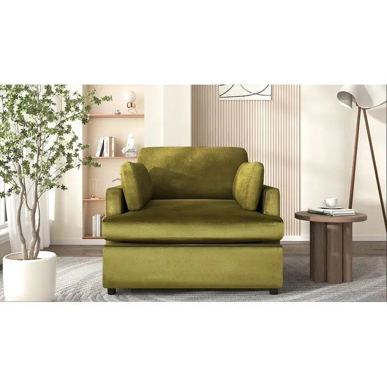 Green 37 Accent Chair with Plastic Legs and Decorative Pillows