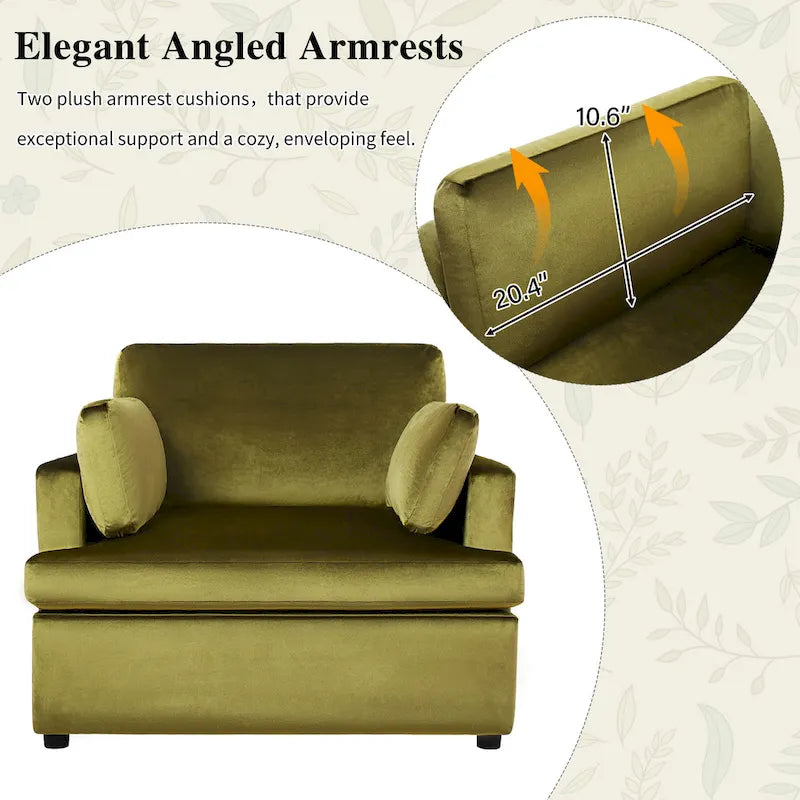Green 37 Accent Chair with Plastic Legs and Decorative Pillows