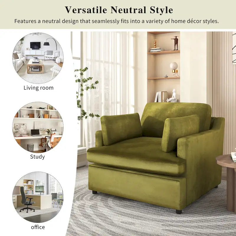 Green 37 Accent Chair with Plastic Legs and Decorative Pillows