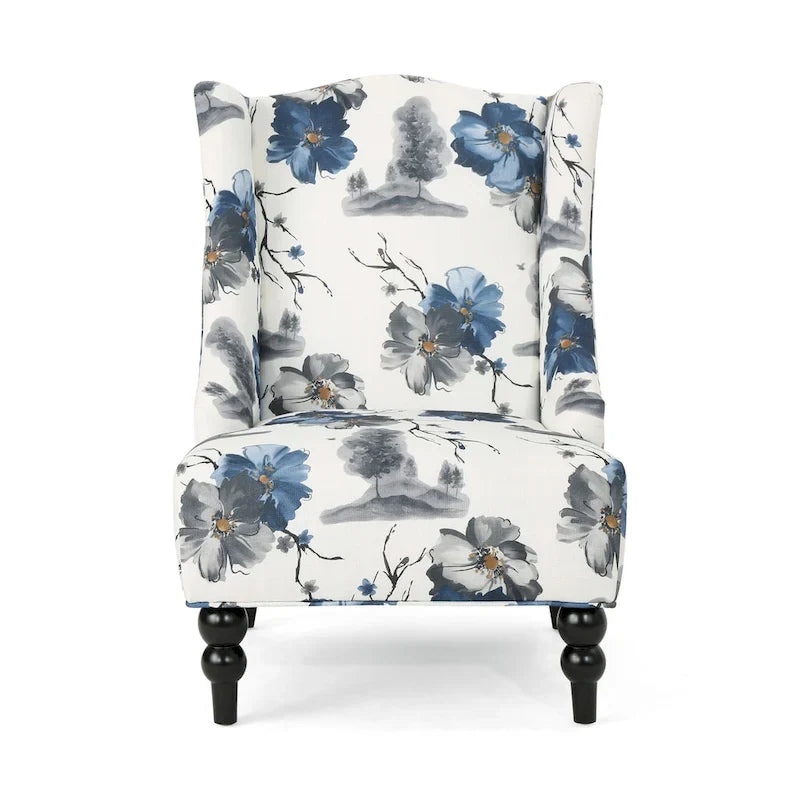 Fauteuil club haut de dossier 28 po floral beige et bleu avec pieds en bouleau