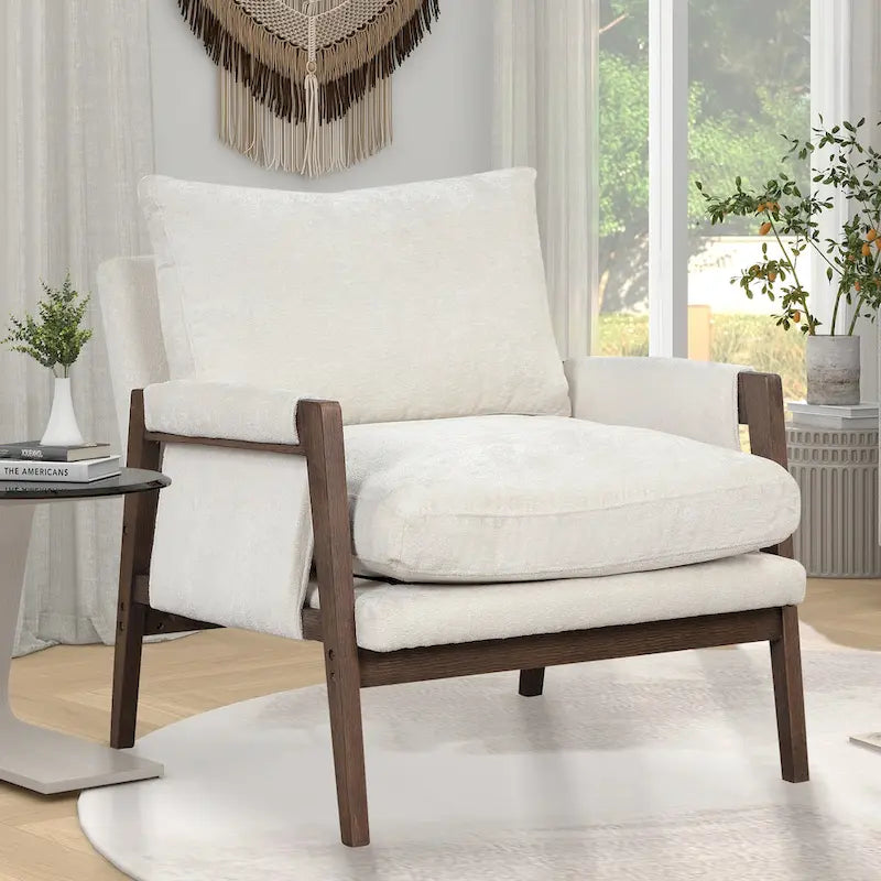 White 35.4 Velvet Arm Chair with Rubber Wood Frame