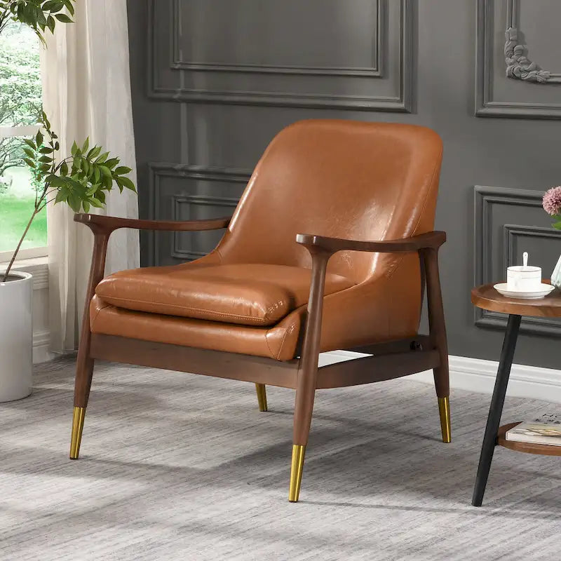 29.2 Mid-Century Faux Leather Accent Chair with Cushioned Seat, Solid Wood Frame, and Brass-Tipped Legs