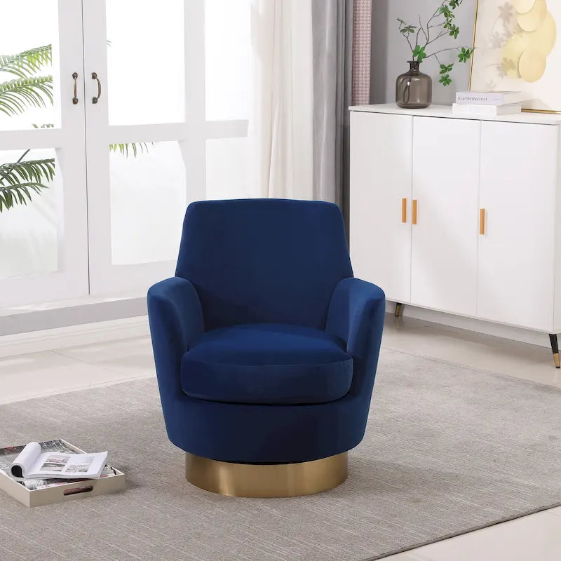 Navy Velvet 29.3 Upholstered Swivel Barrel Chair with Stainless Steel Base