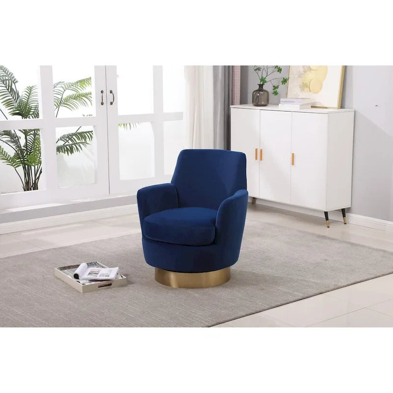 Navy Velvet 29.3 Upholstered Swivel Barrel Chair with Stainless Steel Base