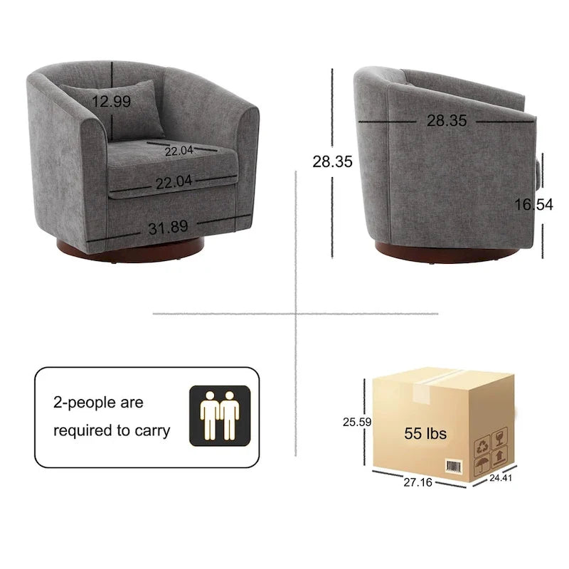 Fauteuil d'appoint pivotant à 360° en tissu gris 28,35 avec base en bois