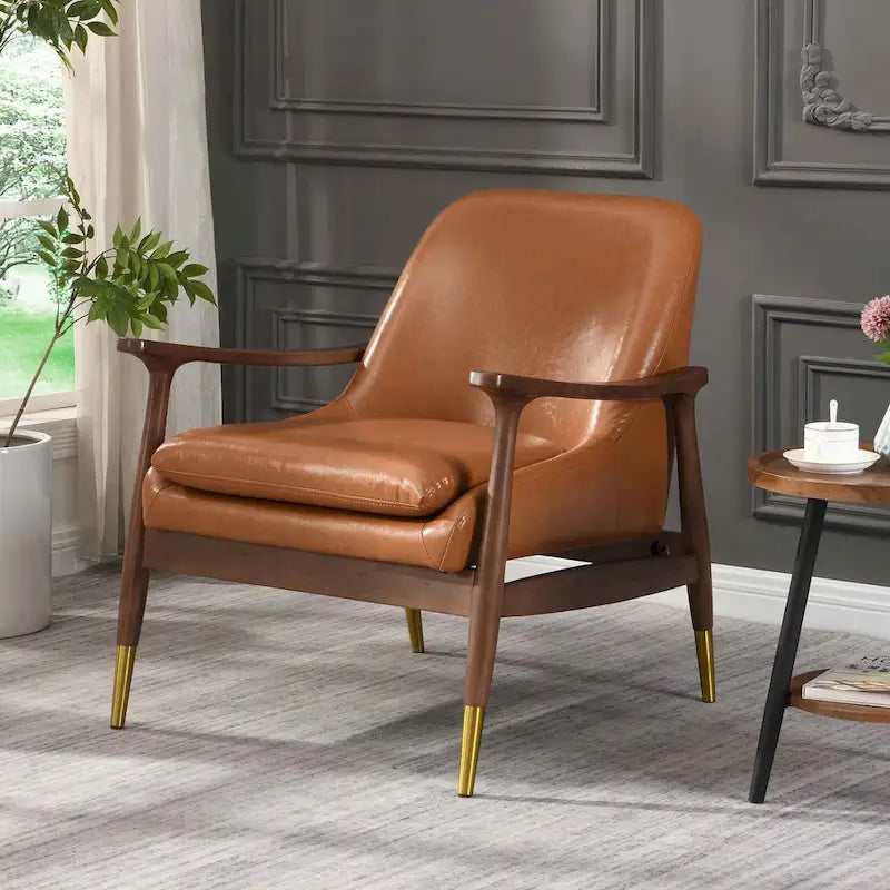 Fauteuil d'appoint moderne en cuir PU avec cadre en bois massif de style milieu de siècle