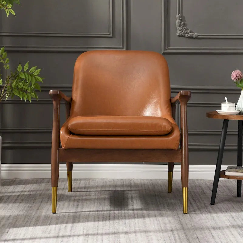 Fauteuil d'appoint moderne en cuir PU avec cadre en bois massif de style milieu de siècle