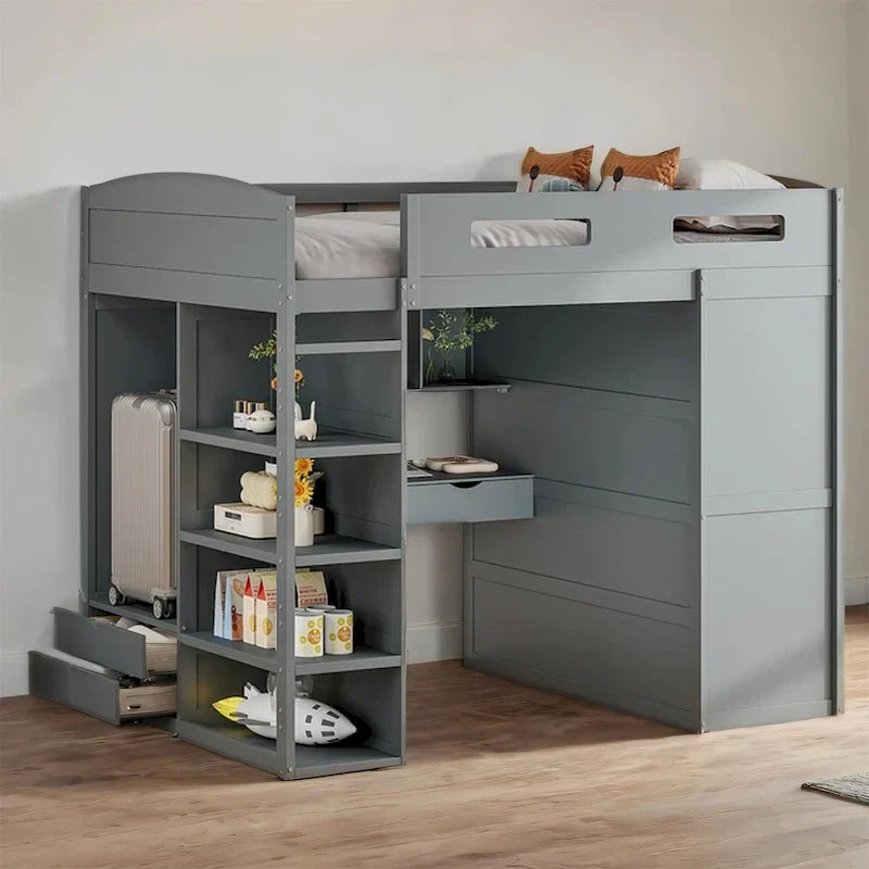 Letto a soppalco in legno a grandezza naturale con scrivania, armadi, cassetti e scaffali