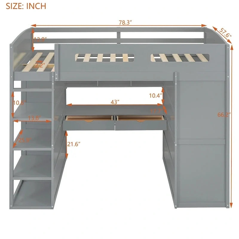 Letto a soppalco in legno a grandezza naturale con scrivania, armadi, cassetti e scaffali