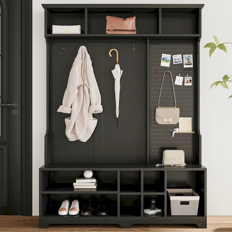 Porte-manteau de style moderne avec banc à chaussures, rangement à chaussures, étagères de rangement et panneau perforé, pour l'entrée et le couloir, le salon