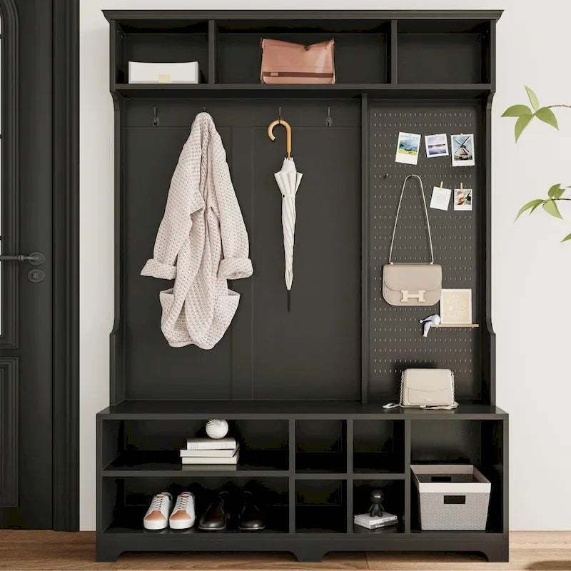 Porte-manteau de style moderne avec banc à chaussures, rangement à chaussures, étagères de rangement et panneau perforé, pour l'entrée et le couloir, le salon